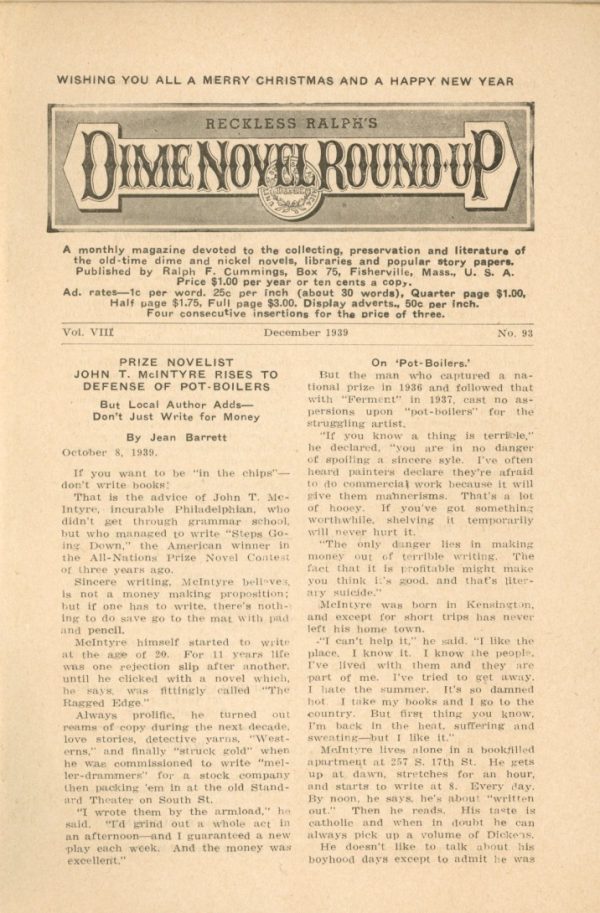 Dime Novel Roundup - #93 - 12/39 - VG-FN - Edward T. LeBlanc
