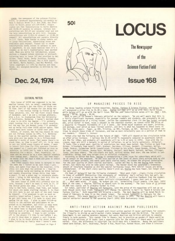 Locus - #168 - 12/24/74 - VG - Locus Publications