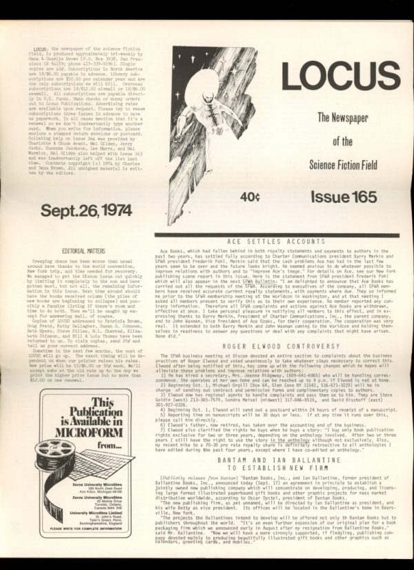 Locus - #165 - 09/26/74 - VG - Locus Publications