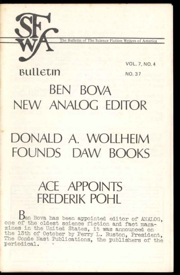 Bulletin Of The Science Fiction Writers Of America - #37 - 12/71 - VG - 78-26017