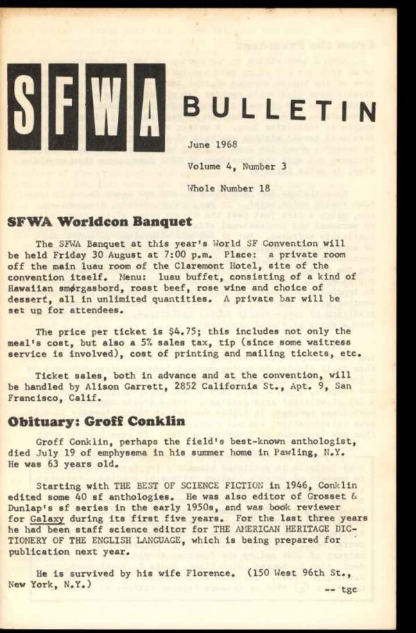 Bulletin Of The Science Fiction Writers Of America - #18 - 06/68 - VG-FN - 78-26032