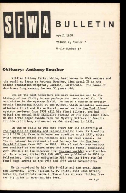 Bulletin Of The Science Fiction Writers Of America - #17 - 04/68 - VG-FN - 78-26033